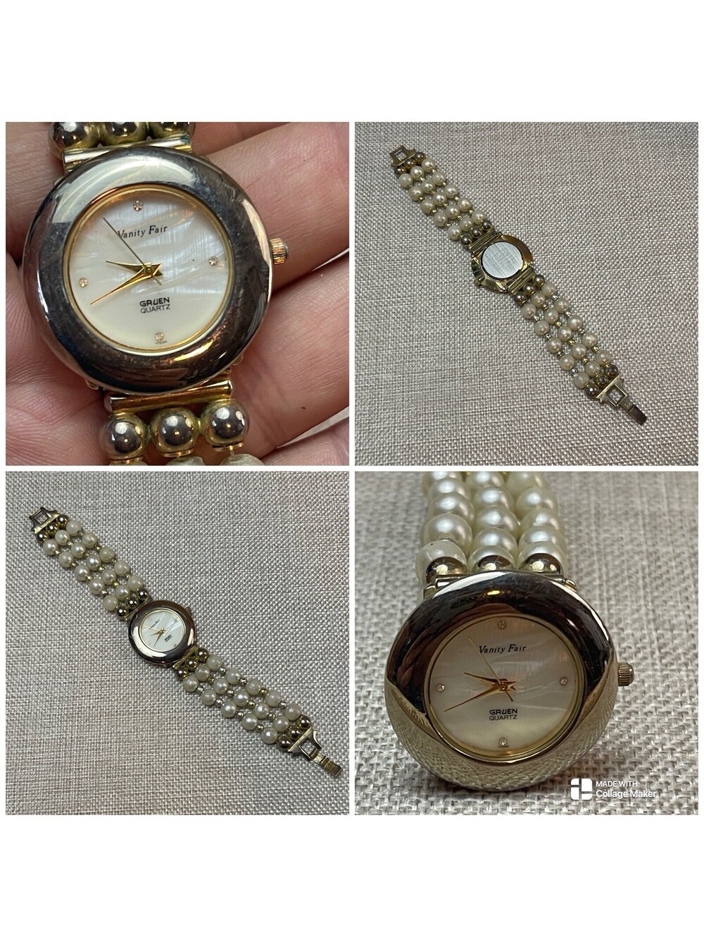 Vanity Fair Gruen Womens Watch 33mm Gold Tone Faux Pearl Band New Battery 7.5"